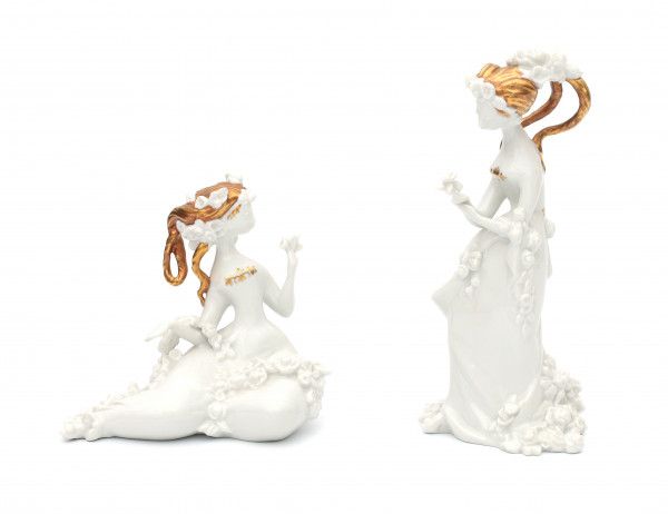 Bjørn Wiinblad (1918-2006)Two partly gilt, white glazed porcelain figures of females, signed with