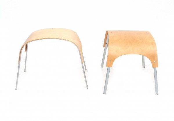 NordicTwo stools, birch plywood seat with matt aluminium frame, possibly Finnish.41,5 x 57,5 x 42
