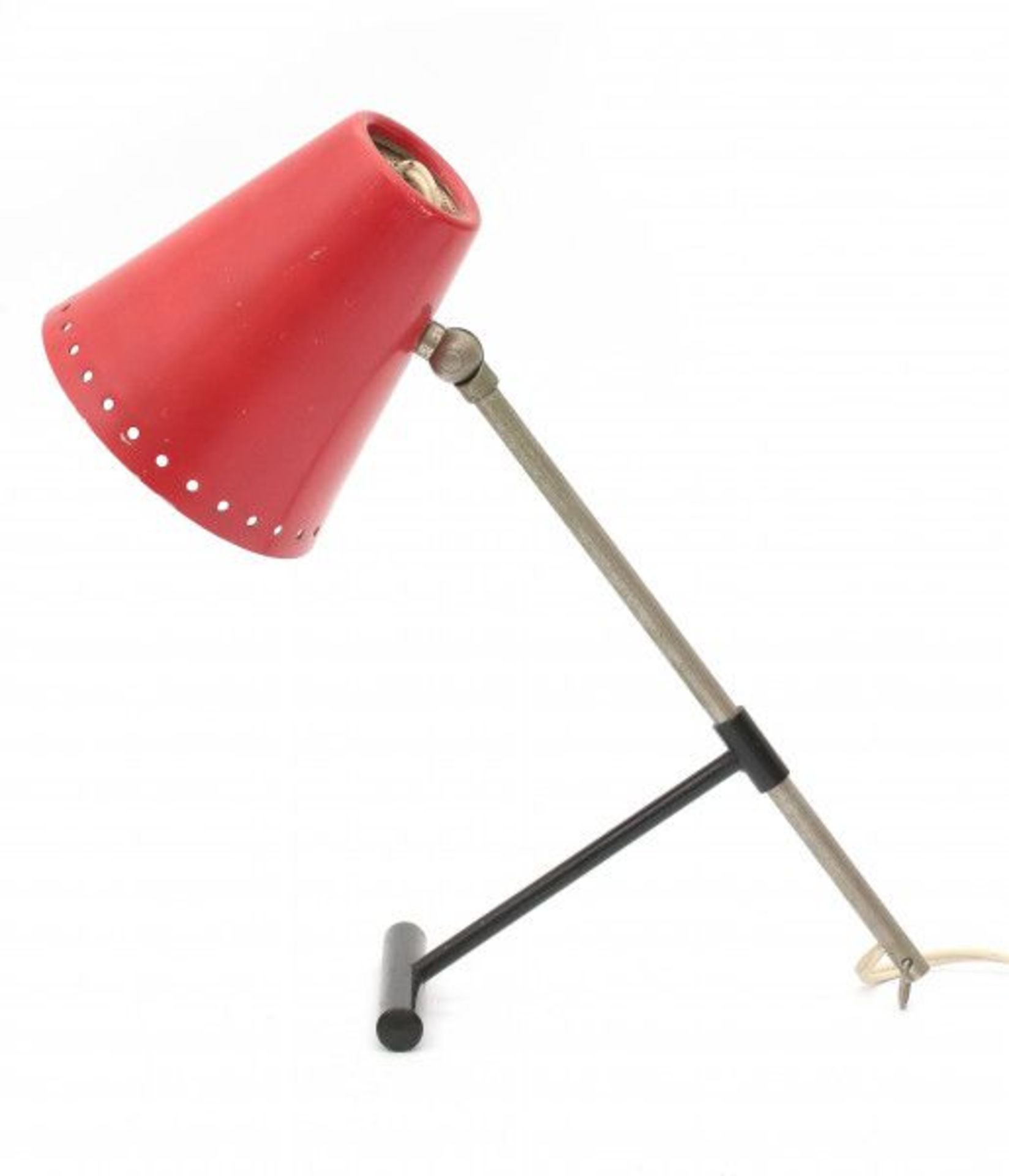 Floris FiedeldijA nickle-plated, black and red lacquered metal desklamp, adjustable in height,