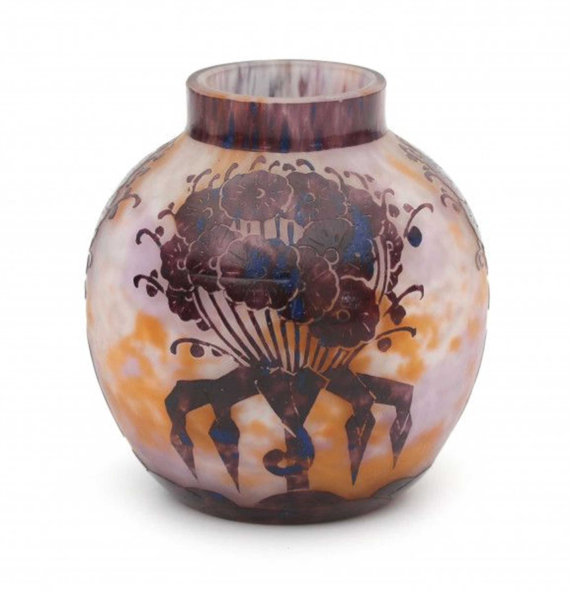 Charder, Le Verre FrançaisA globular cameo etched glass vase decorated with purple flowers, circa