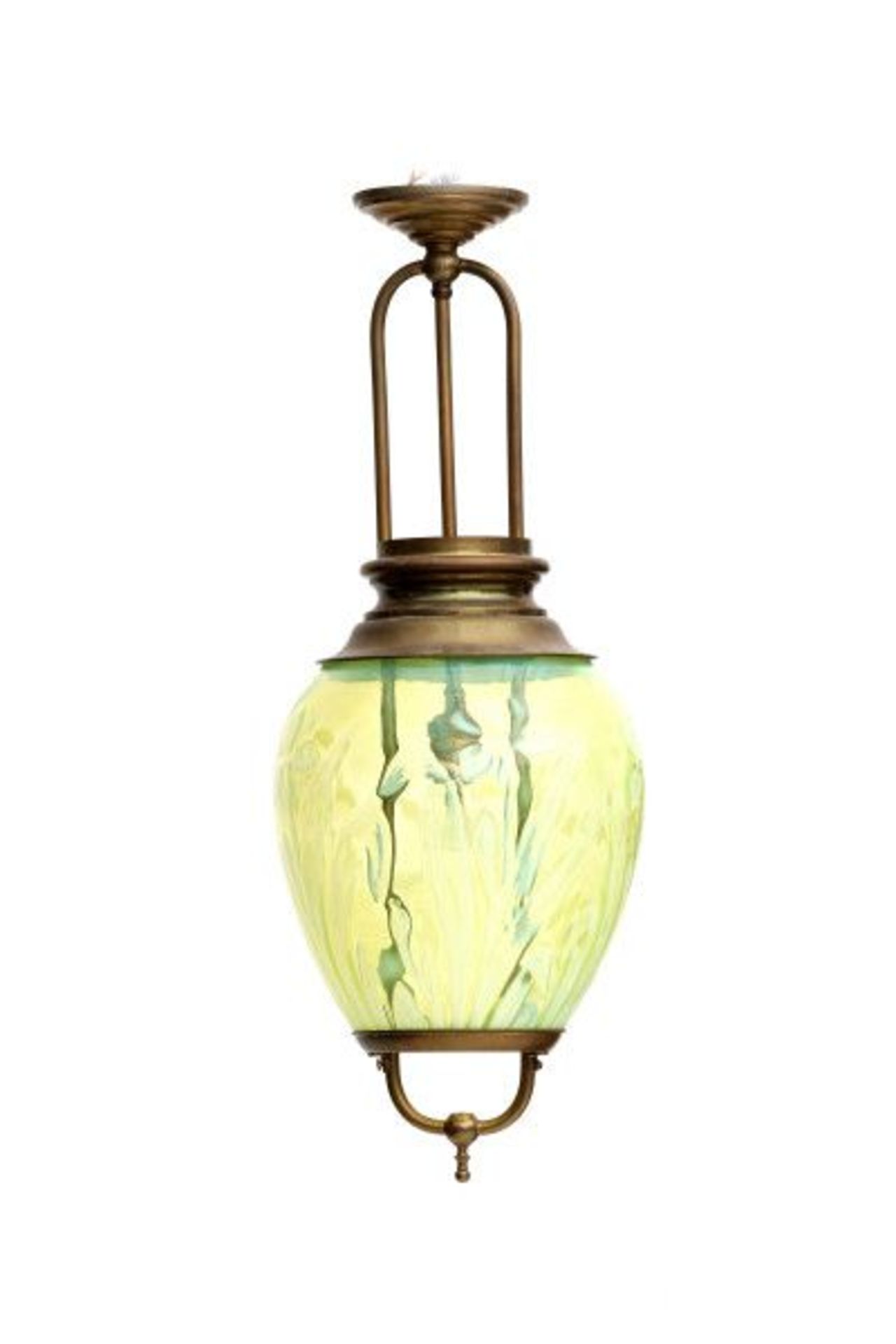 Art NouveauA brass and uranium glass hanging lamp, English, circa 1900, in the style of John Walsh