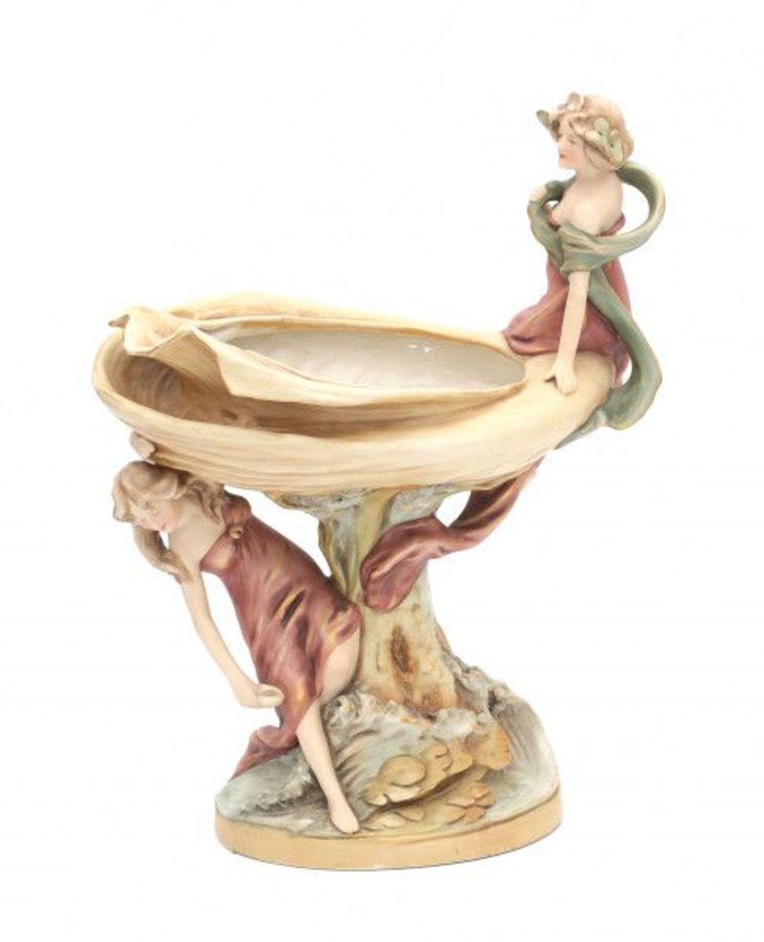 Royal DuxA porcelain shell-shaped bowl on a treetrunk-shaped base with a seated and a standing