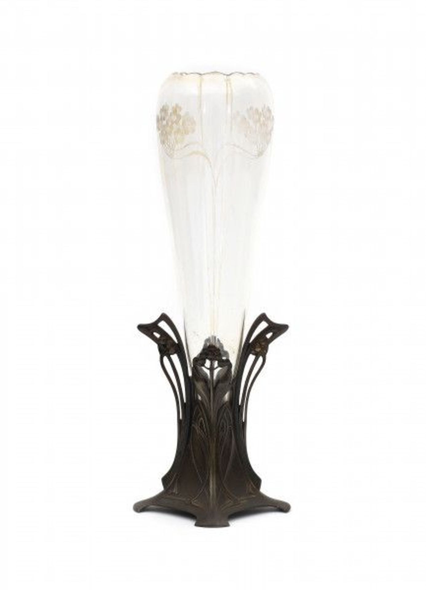 WMFA Jugendstil glass vase in pewter mount, the glass engraved with wavy floral pattern, the mount