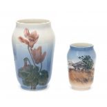 Royal CopenhagenTwo porcelain vases, the largest with floral pattern, the smallest with dolmen,