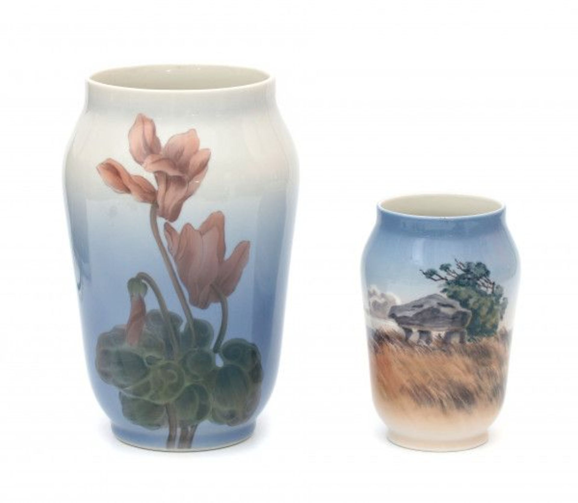 Royal CopenhagenTwo porcelain vases, the largest with floral pattern, the smallest with dolmen,