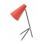 Willem HagoortA rare black and red lacquered tripod desk lamp, adjustable in height, 1950s.44 cm.