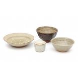 Richard Batterham (1936)A stoneware dish, two bowls and a lidded bowl, unmarked.8 cm. h. x 8 cm