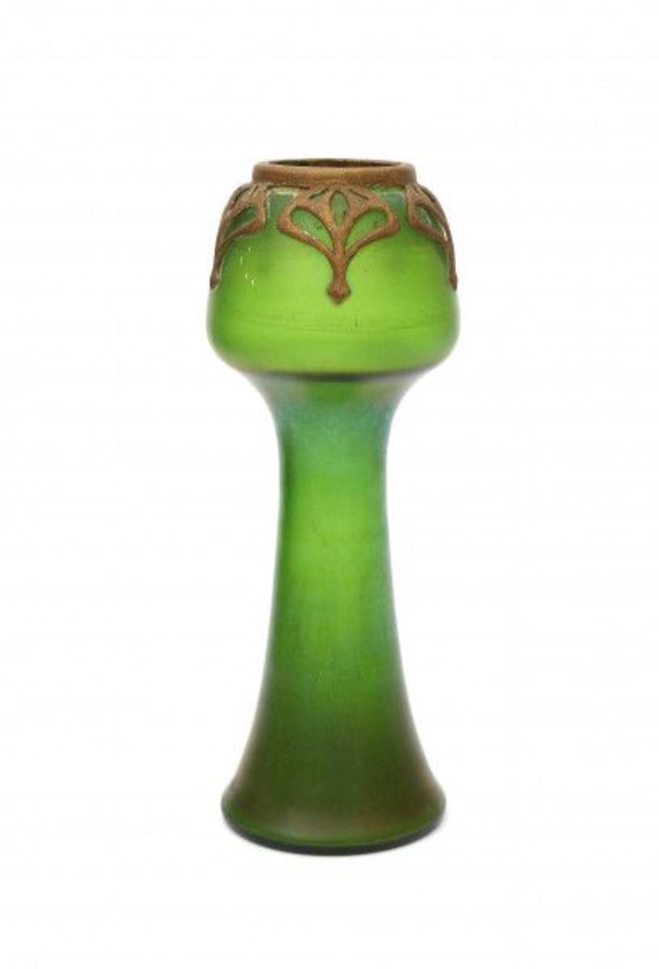 JugendstilA green iridescent glass vase with gold-coloured pierced metal collar, circa 1900-1910.