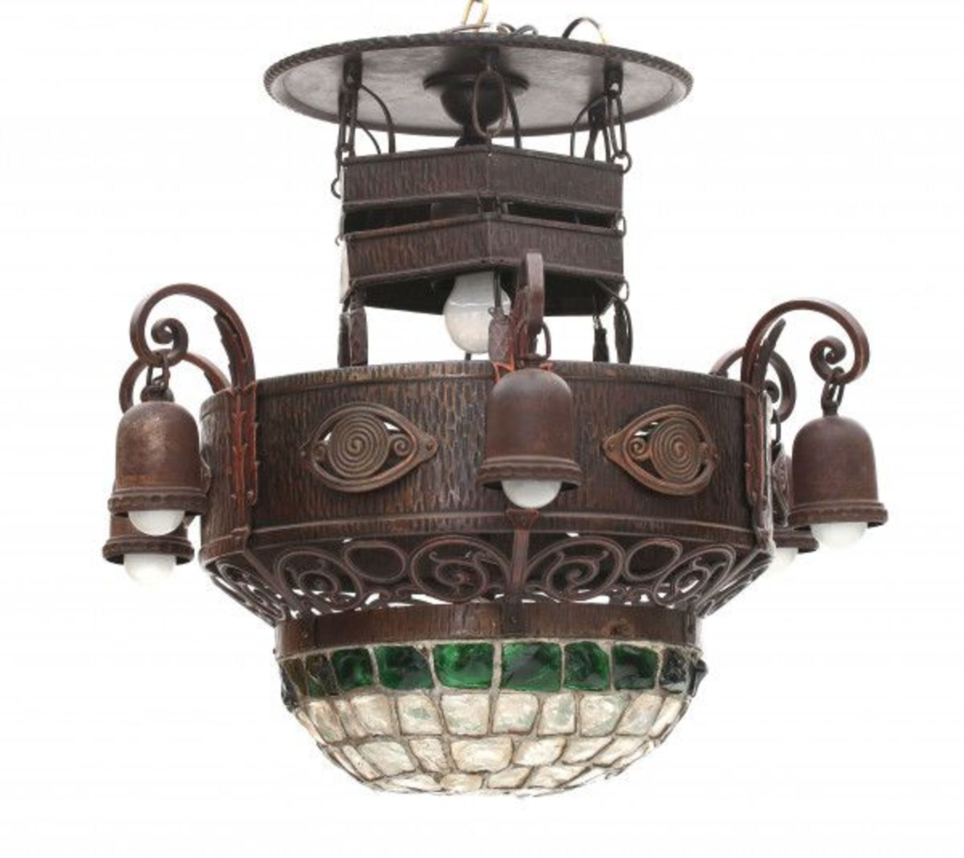 Art DecoA patinated and moulded copper hanging lamp with rough leaded glass shade, circa 1930.58