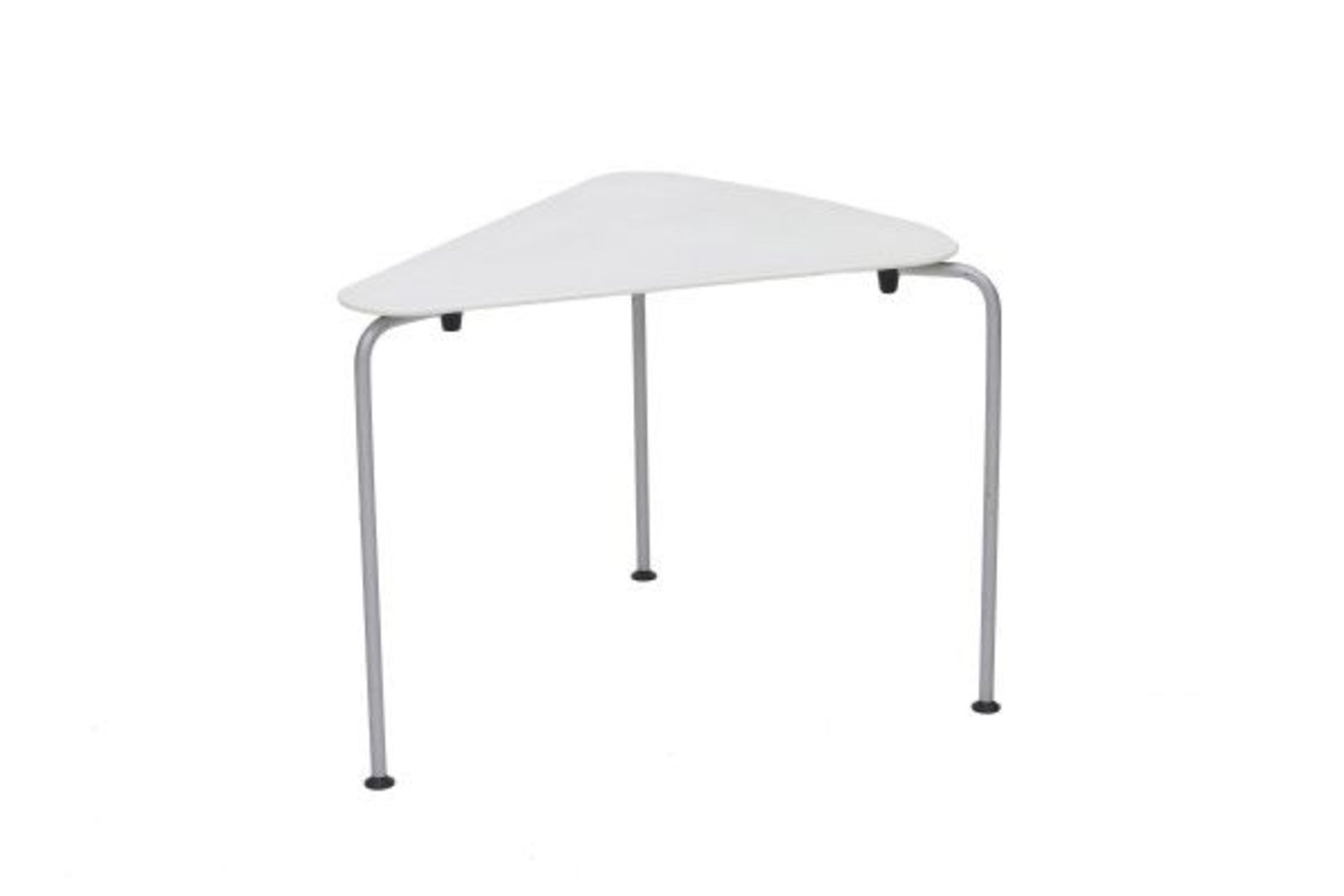 Cassina, ItalyA grey lacquered tubular metal occasional table with triangular white plastic top,
