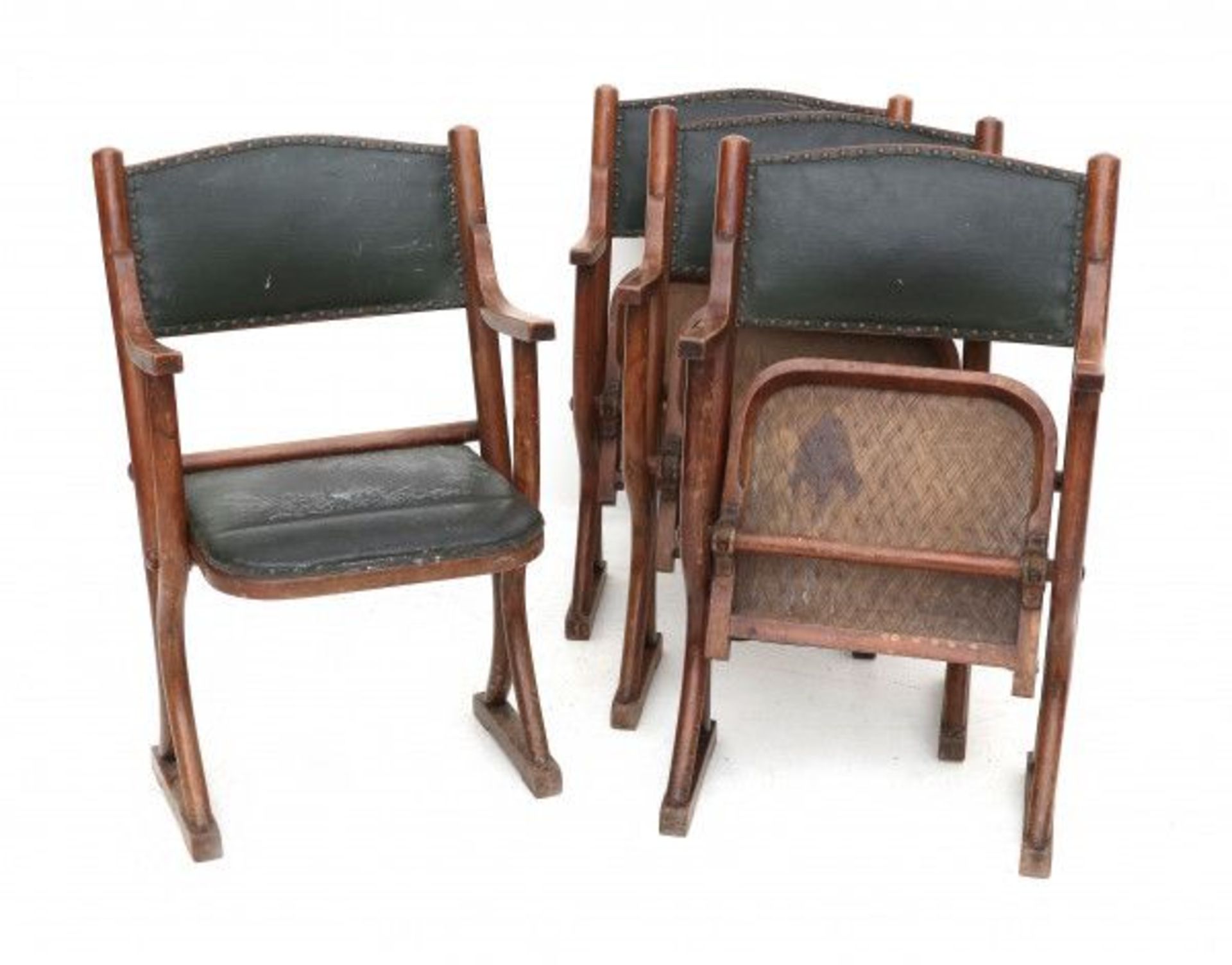 Gebrüder Thonet, WienFour bentwood foldaway theater chairs with black leatherette upholstery, circa