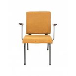 Midcentury ModernA black lacquered steel and yellow fabric upholstered armchair, manufacturer/