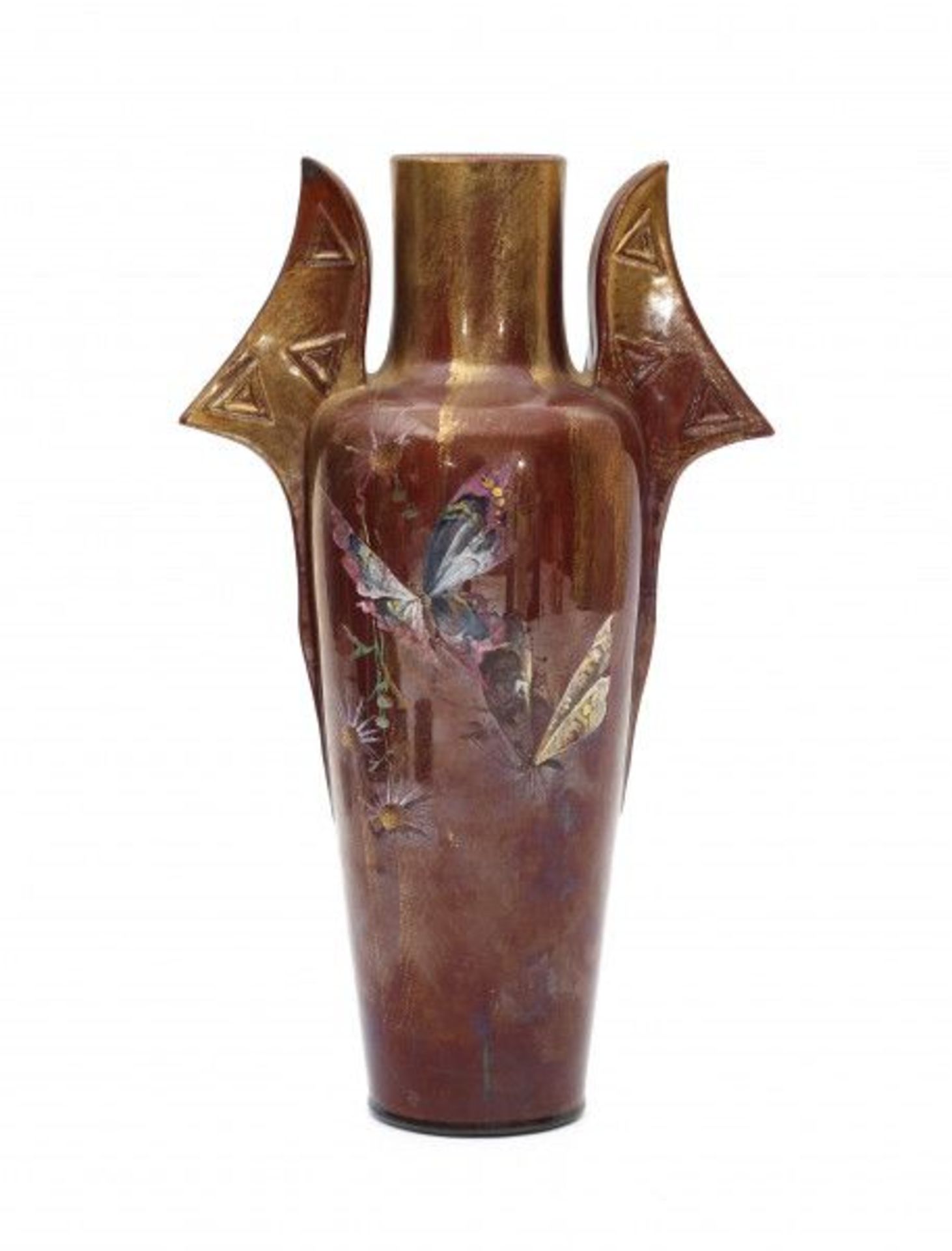 Clément Massier (1844-1917)A brown glazed ceramic vase with two handles, decorated with enamelled