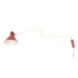 J.J.M. HoogervorstA white and red lacquered metal adjustable wall lamp, produced by Anvia, 1950s.