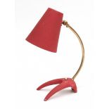 EWÅ, Värnamo, SwedenA brass and red lacquered metal 'Crowfeet' desk lamp with cylindrical shade,