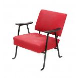 Hein Salomonson (1910-1994)A black lacquered metal easy chair with wooden armrests and red