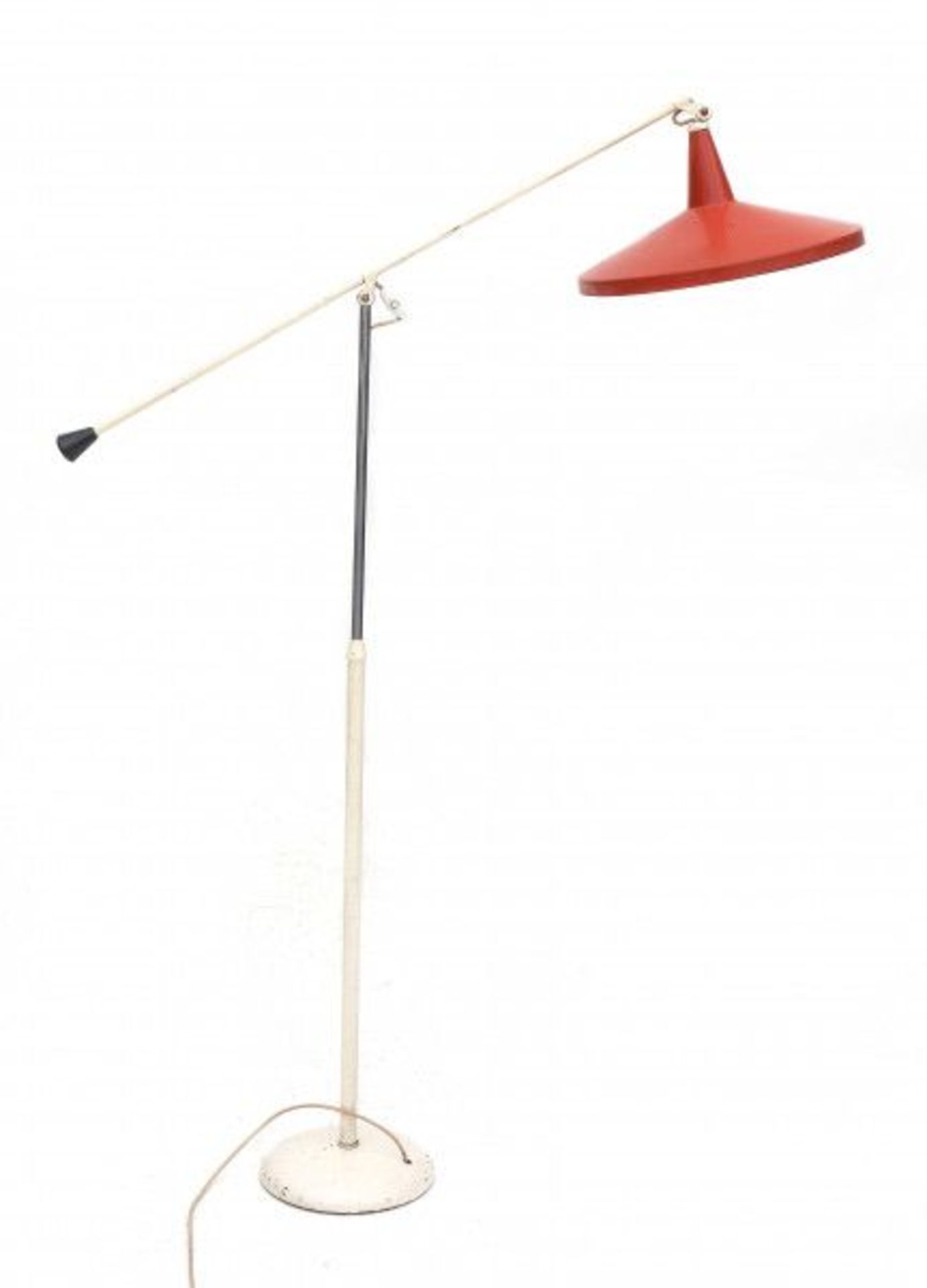 Wim Rietveld (1924-1985)A white and red lacquered metal floorlamp, model 6350/Panama, produced by