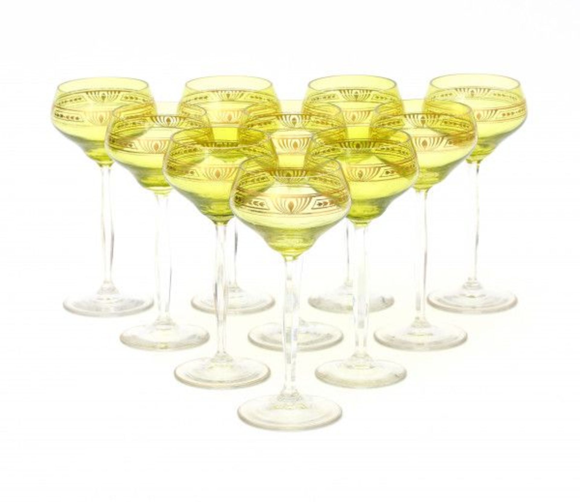 JugendstilTen white wine glasses with facet cut stems and green cuppa with gilt pattern, German/