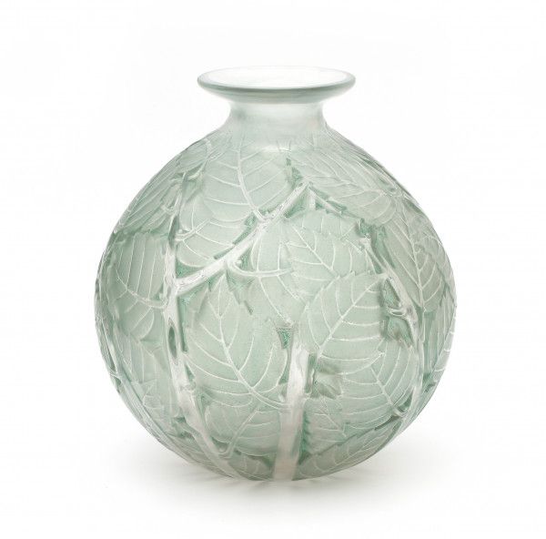 René Lalique (1860-1945)A frosted and green stained moulded glass vase, model 'Milan', designed