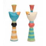 Judith Radl (1969)Two colourful stoneware candlesticks with bird decoration, both signed with