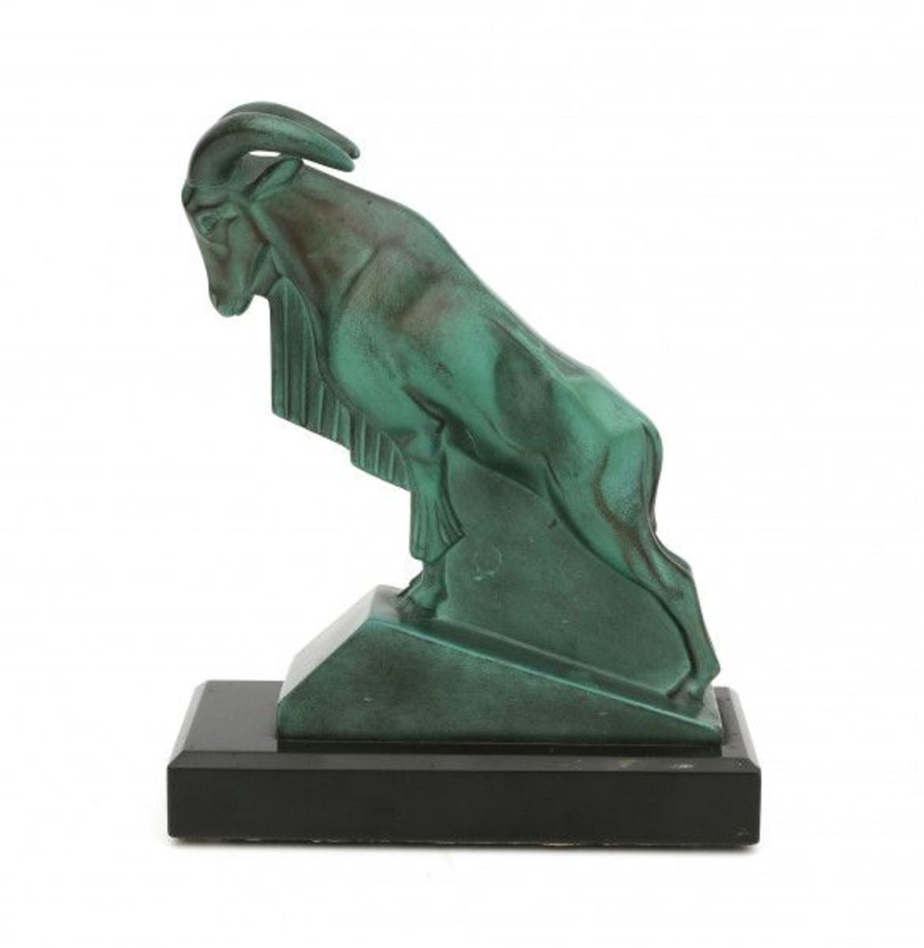 Max le Verrier (1891-1973)A pair of green patinated metal bookends shaped as mouflons, on black - Bild 2 aus 3