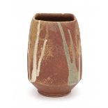 Ryozo Miki (1942)A rectangular section stoneware vase decorated with coloured lines, signed