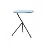 Midcentury ModernA black wire steel tripod occasional table with circular blue lacquered wooden