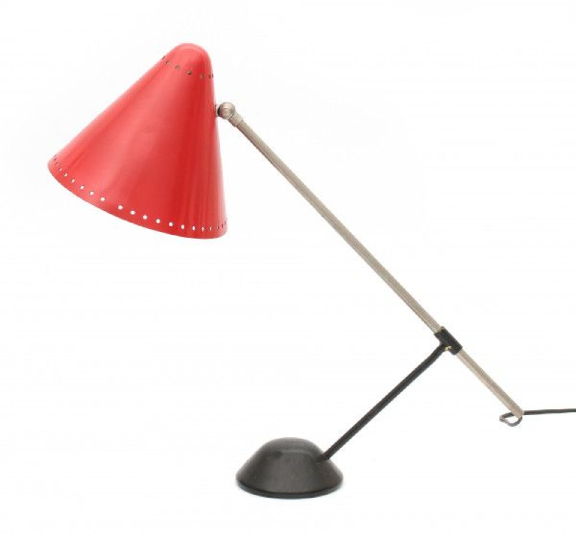 Floris FiedeldijA nickle-plated, red and black lacquered metal desk lamp, adjustable in height,