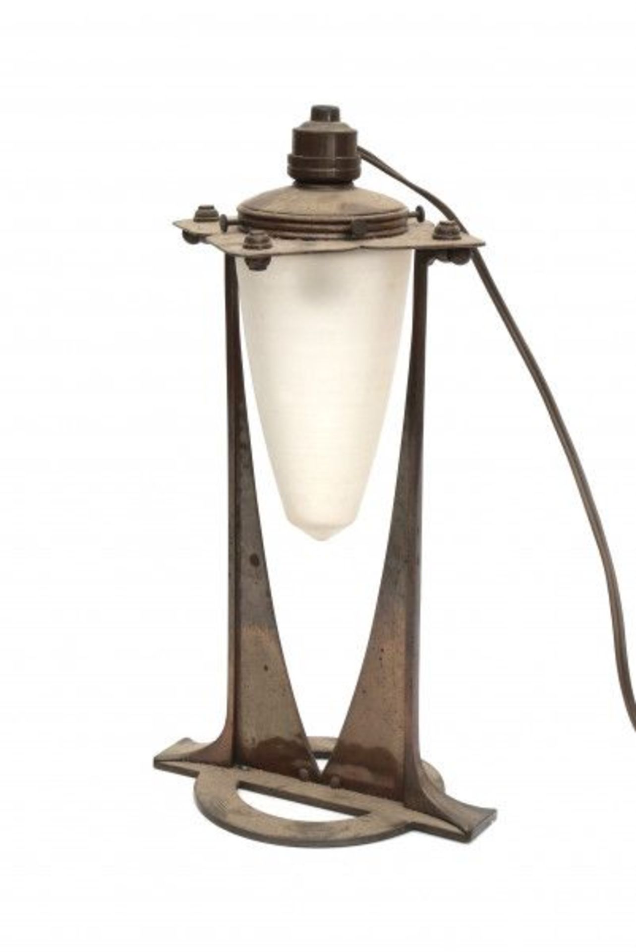 JugendstilAn adjustable patinated brass tablelamp with frosted glass shade, circa 1910.36 cm. h.