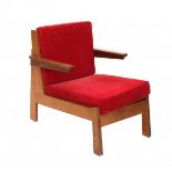 Bas van Pelt (1900-1945), attributedAn oak easy chair with red upholstered cushions, 1930s.77 cm.