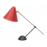 Floris FiedeldijA nickle-plated, dark red and black lacquered metal desk lamp, adjustable in
