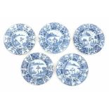 A set of five Chinese blue and white export plates, decorated with a landscape. 18th centuryDiameter