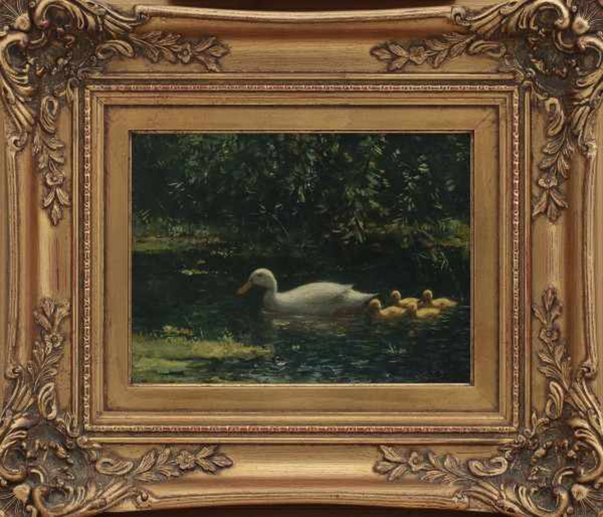 Constant Artz (1870-1951)Pond with duck and her ducklings. Signed lower right.panel 17 x 23 - Bild 2 aus 4