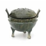 A Chinese green monochrome glazed incense burner 'ding'. With associated cover. Han style.Diameter