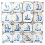 A collection of sixteen Delft blue and white tiles, all decorated with ships. 18th century.12,5 x