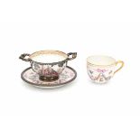 Two silver mounted cup and saucers, one decorated with guirlandes, the other with a romantic