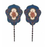 A pair of French handheld fire screens, with spiral carved handles. The screen with glass beads