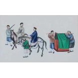 A Cantonese export painting, depicting two men on horseback followed by carriers. 19th century.19