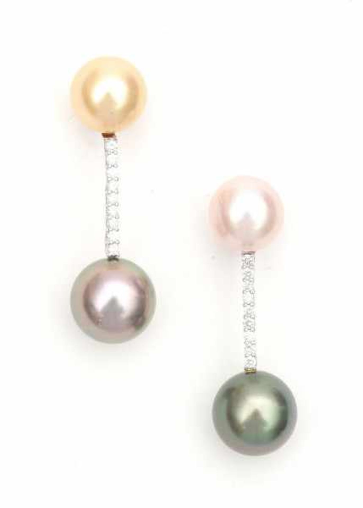 A pair of 18 carat white gold pearl earrings. Set with four different coloured, cultured pearls with