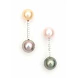 A pair of 18 carat white gold pearl earrings. Set with four different coloured, cultured pearls with