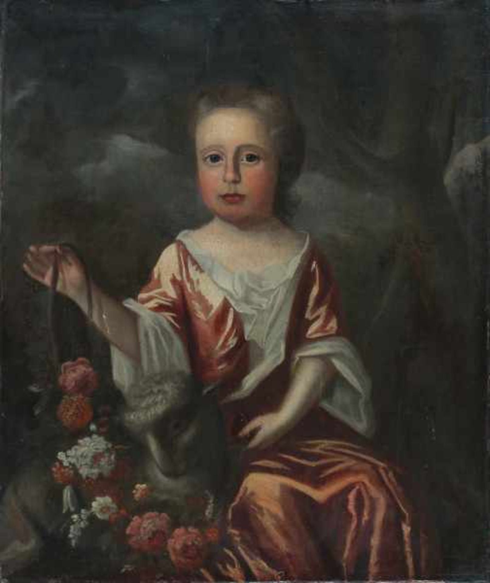 Dutch school 18th centuryPortrait of a girl with flowers and lamb. Not signed. Not framed.canvas