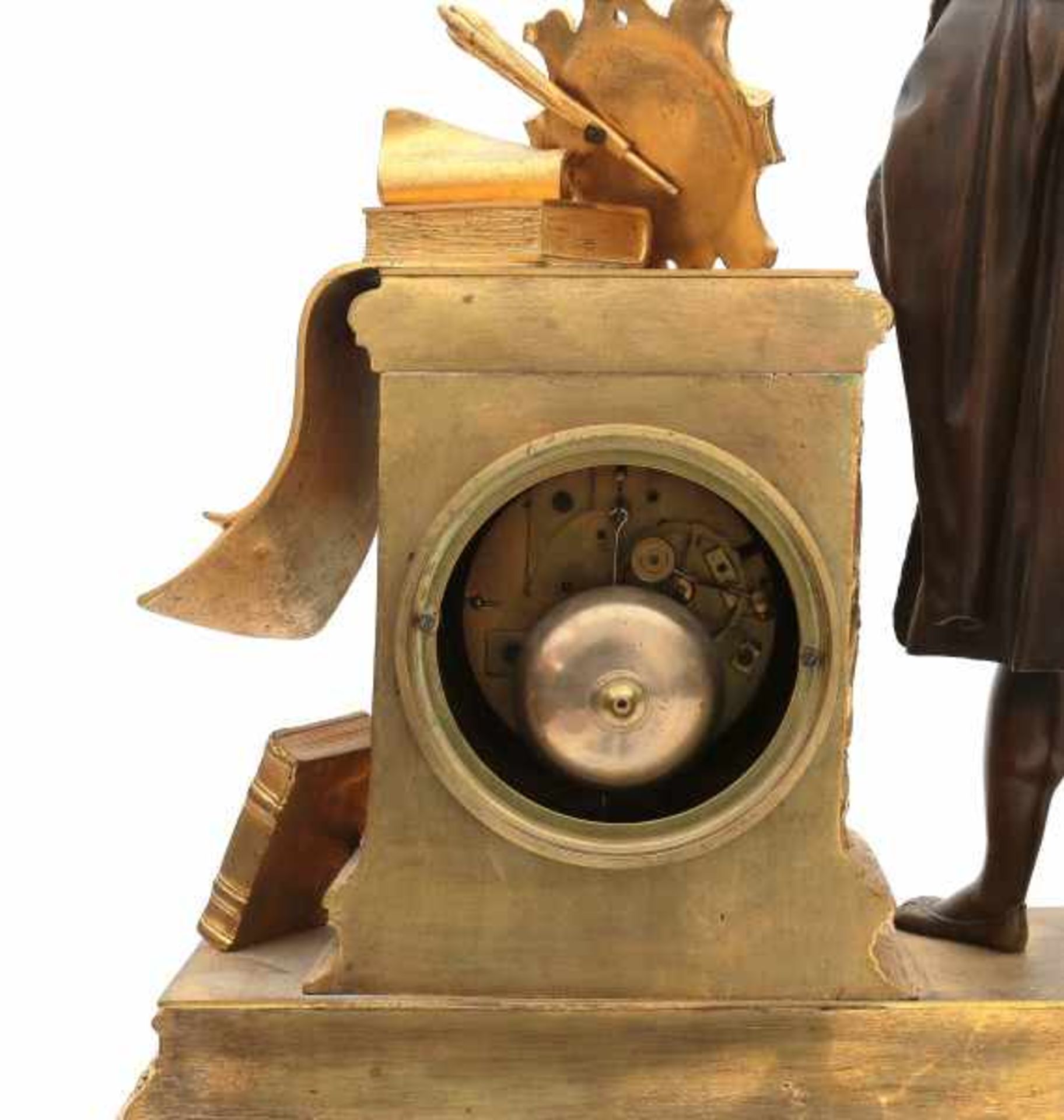 A parcel gilt mantle clock, with a painter and his palet. The enamelled face with Roman numerals and - Bild 4 aus 4