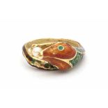 A yellow gold snake ring decorated with enamel work and a cultured pearl. Ring size: 57/8. Gross