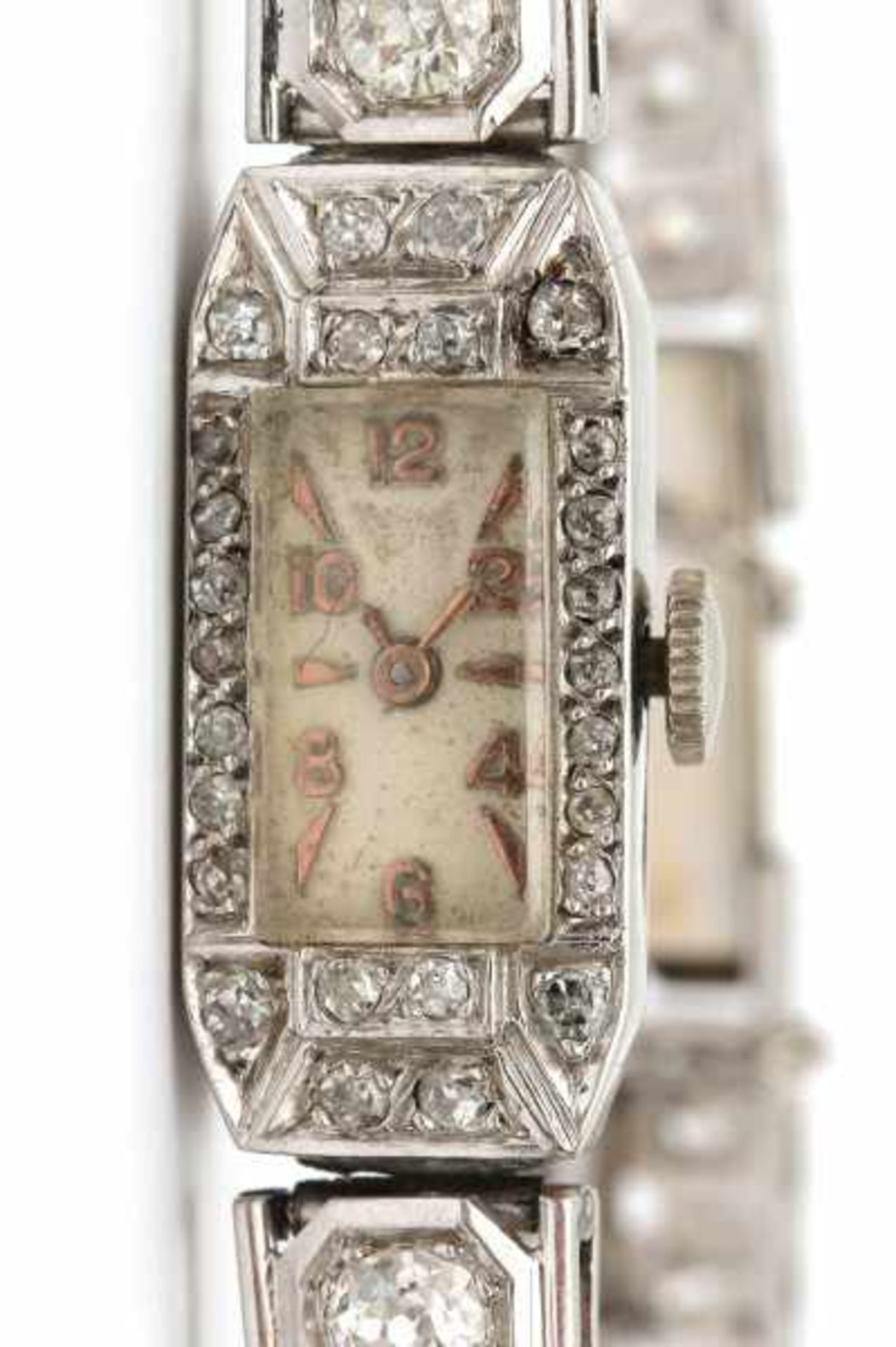 Art Deco white gold lady's wrist watch, with manual winding. Case and bracelet are set with old- - Bild 2 aus 2