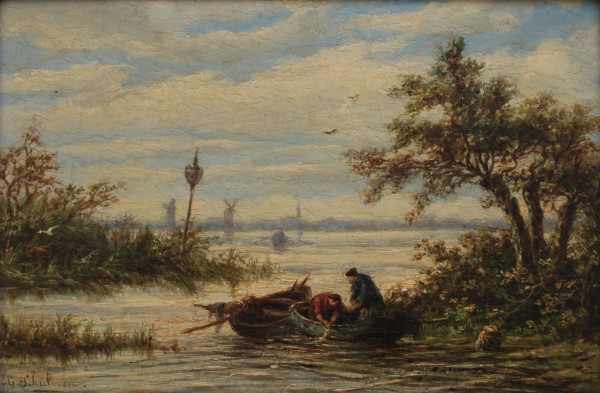 Léon Schulman (1851-1943)Riverscape with two fishermen by the waterside. Signed lower left.panel