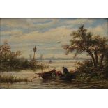 Léon Schulman (1851-1943)Riverscape with two fishermen by the waterside. Signed lower left.panel