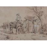 Dutch school 19th centuryGirl and donkey by a water well. Not signed.Sepia 21 x 29 cm.- - -29.00 %