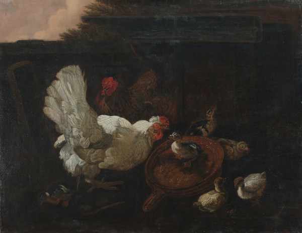 European school 19th centuryPoultry by a manger. Not signed. Not framed.canvas 74,5 x 96 cm.- - -