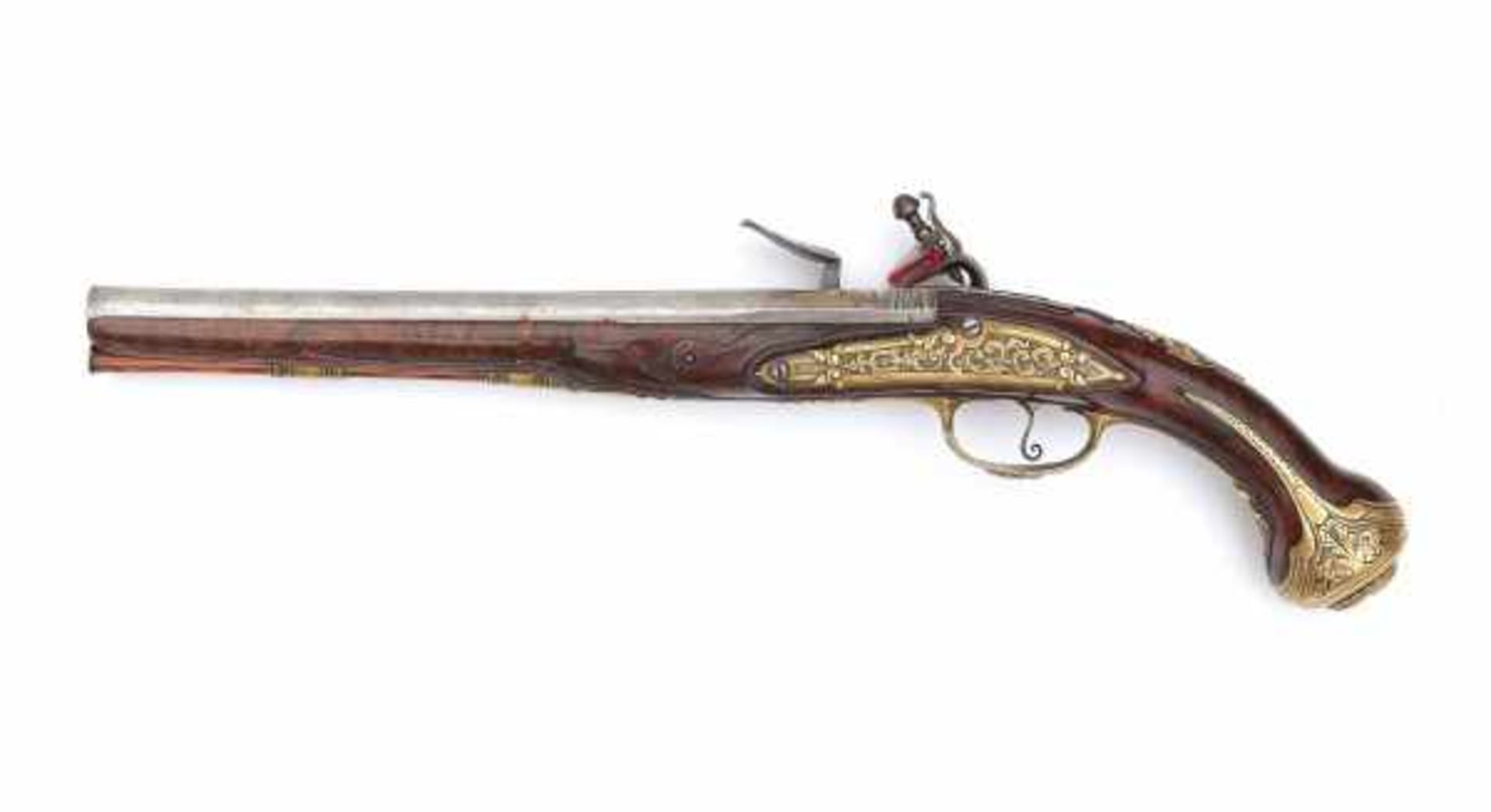 An Italian flintlock pistol, the walnut stock enriched with engraved brass mount. The barrel - Bild 7 aus 7