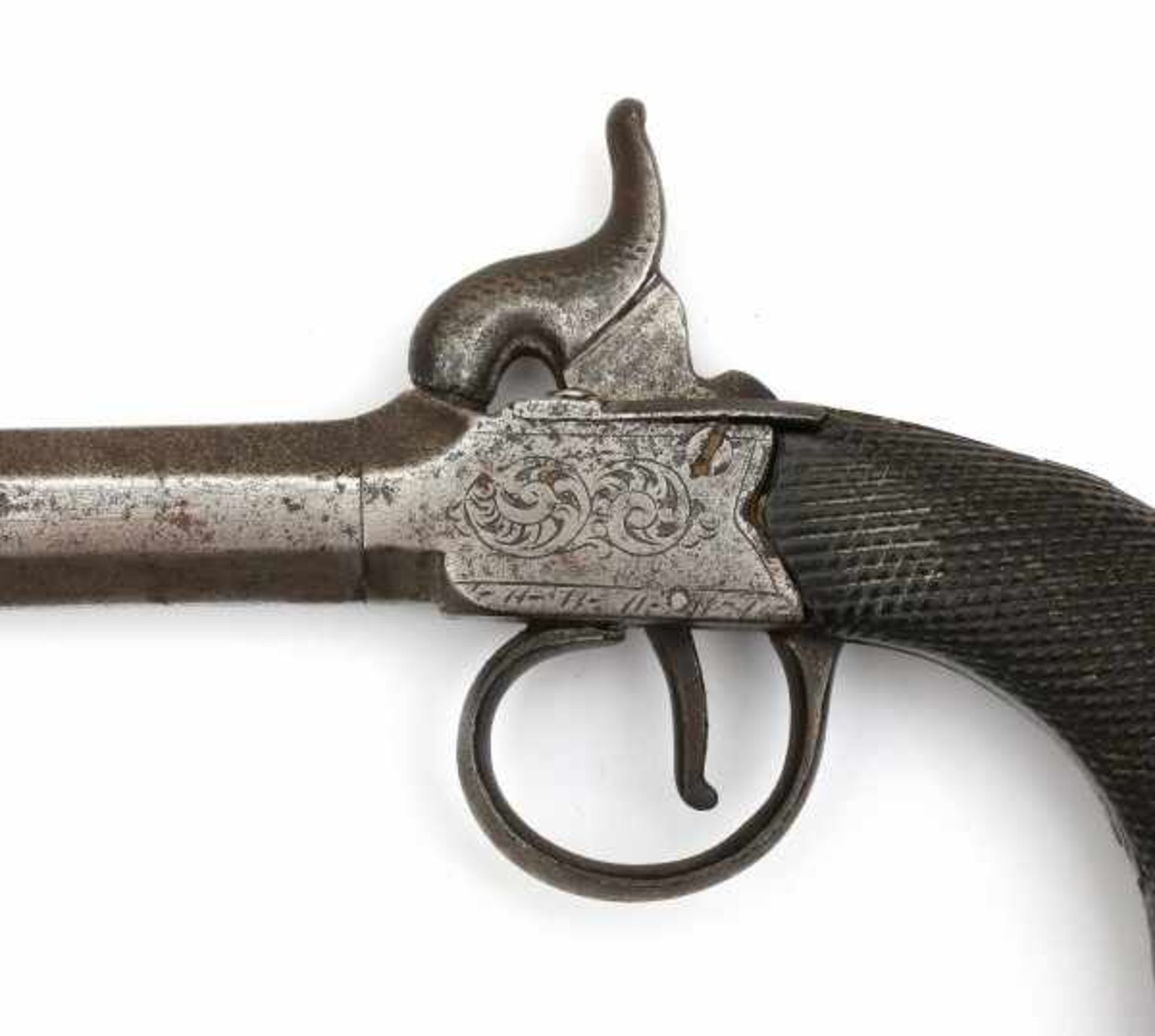 A pair of muzzle loading ladies percussion pistols, with carved walnut grips. Circa 1800Length 18 - Bild 3 aus 5